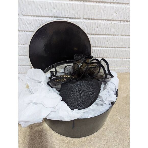 Chapeau Creations Women's Black Mesh Gold Embellished Hat in Box - Picture 5 of 9